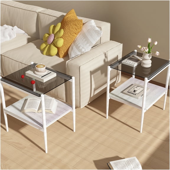 JERFIT Set of 2 Modern End Tables with Gray Tempered Glass Tops, Sofa Side Table with Storage Shelf for Living Room, Bedroom, Office