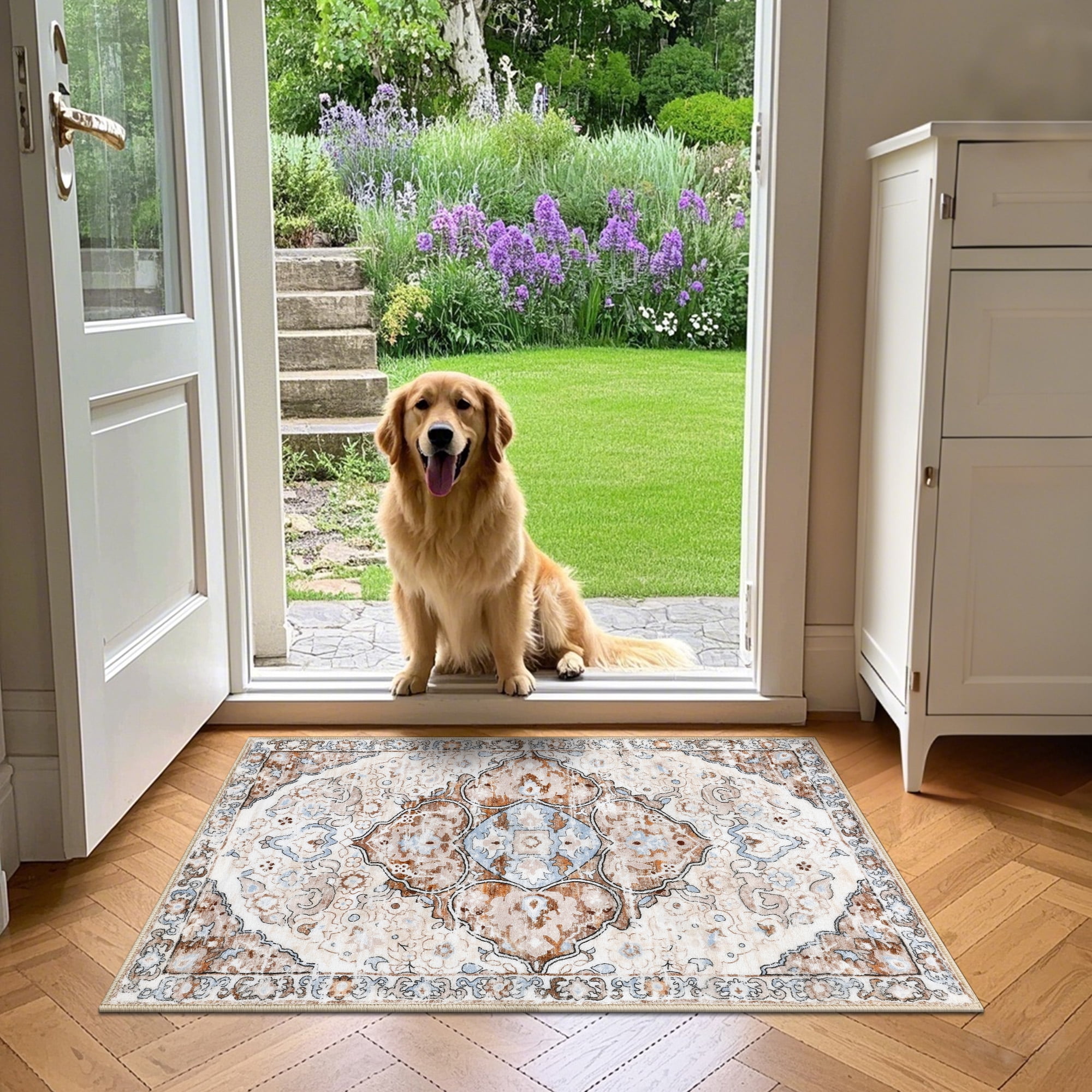 MeyJey Boho Indoor Living Room Area Rug 3'x5', Non-Slip Machine Washable Vintage Oriental Distressed Floor Carpet for Bedroom Dining Kitchen Hallway, Beige/Brown