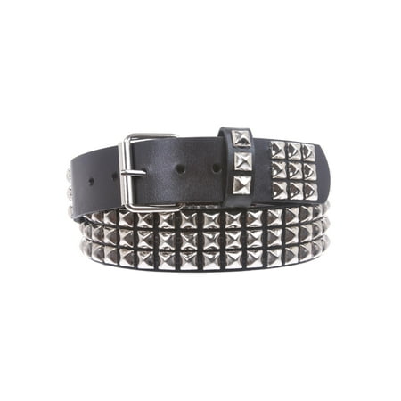 - Snap On Three Row Punk Rock Star Metal Silver Studded Full Grain Cowhide Leather Belt