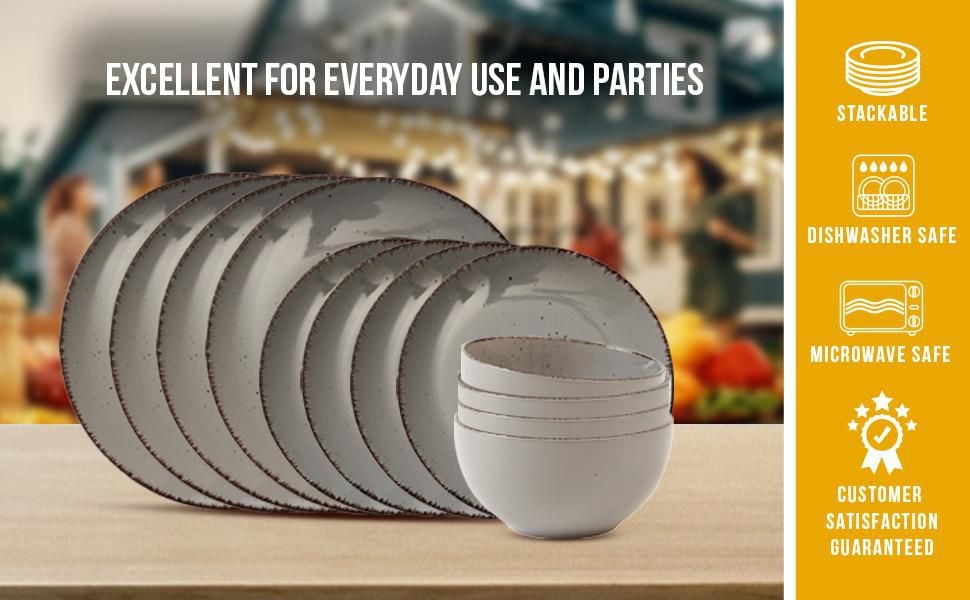 Safdie & Co. Ensemble de Vaisselle Utopia de 12 Pièces, Service pour 4, Vaisselle de Fête, Tendances Maison et Essentiels du Réseau Alimentaire Maison, Assiettes de Dîner en Grès, Gris