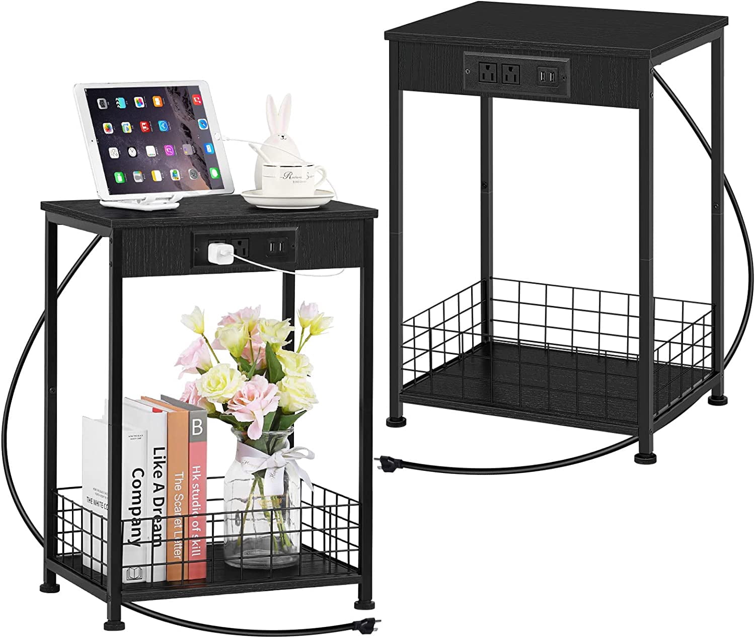 2 Tier Nightstands End Tables with Charging Station and Storage Basket Set of 2, Black