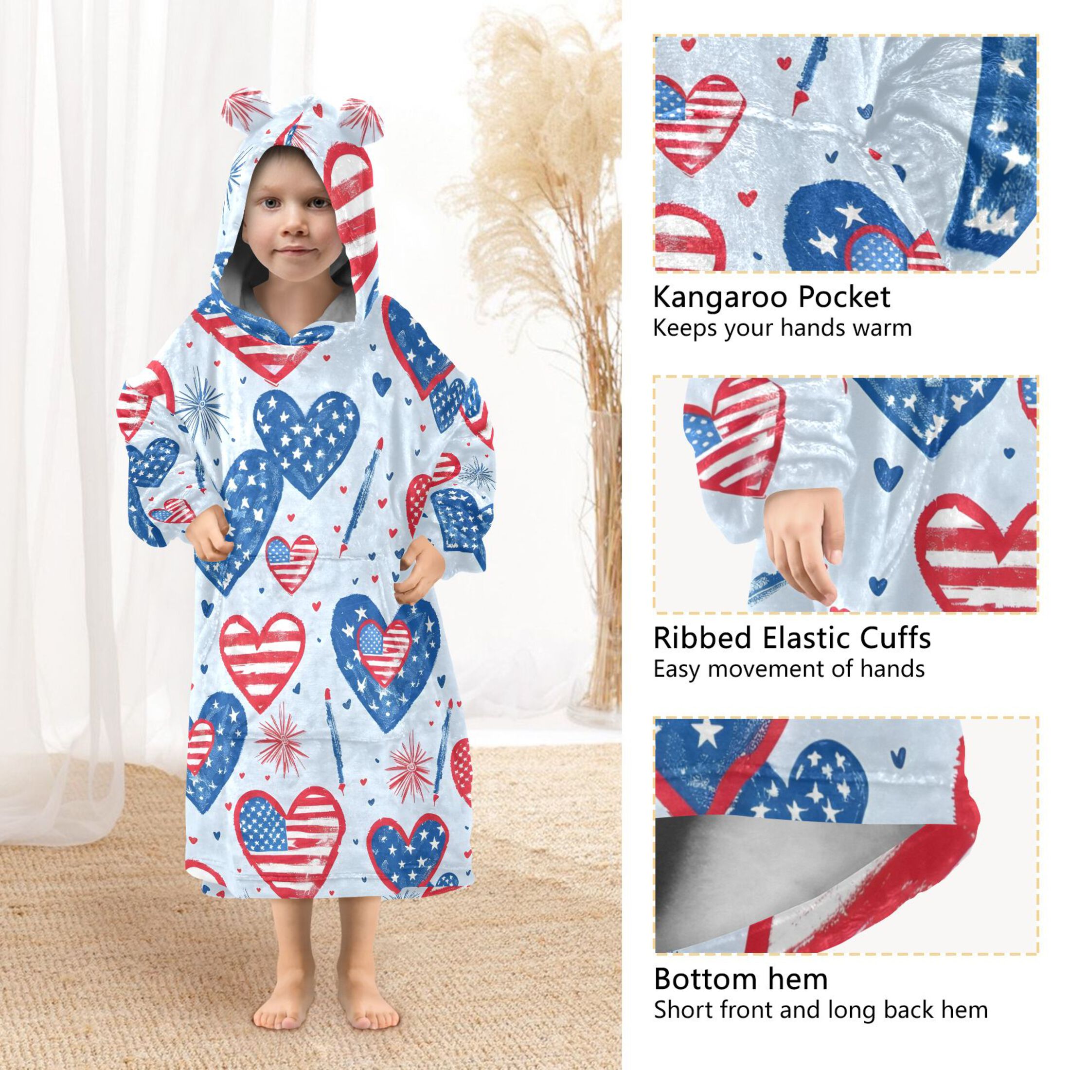 Dailycode Wearable Blanket Hoodie Oversized Sherpa Flannel Blankets with Pocket for 3-14 Year Old American Flag Heart