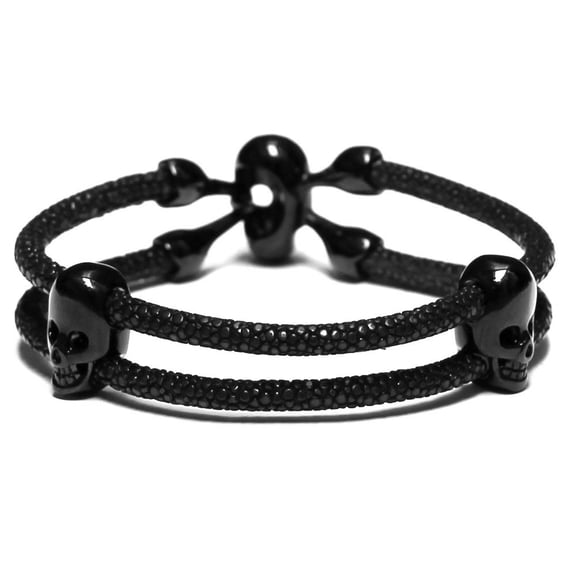 Lavriche Stingray Leather Bracelet with Skull Bead Black High Quality