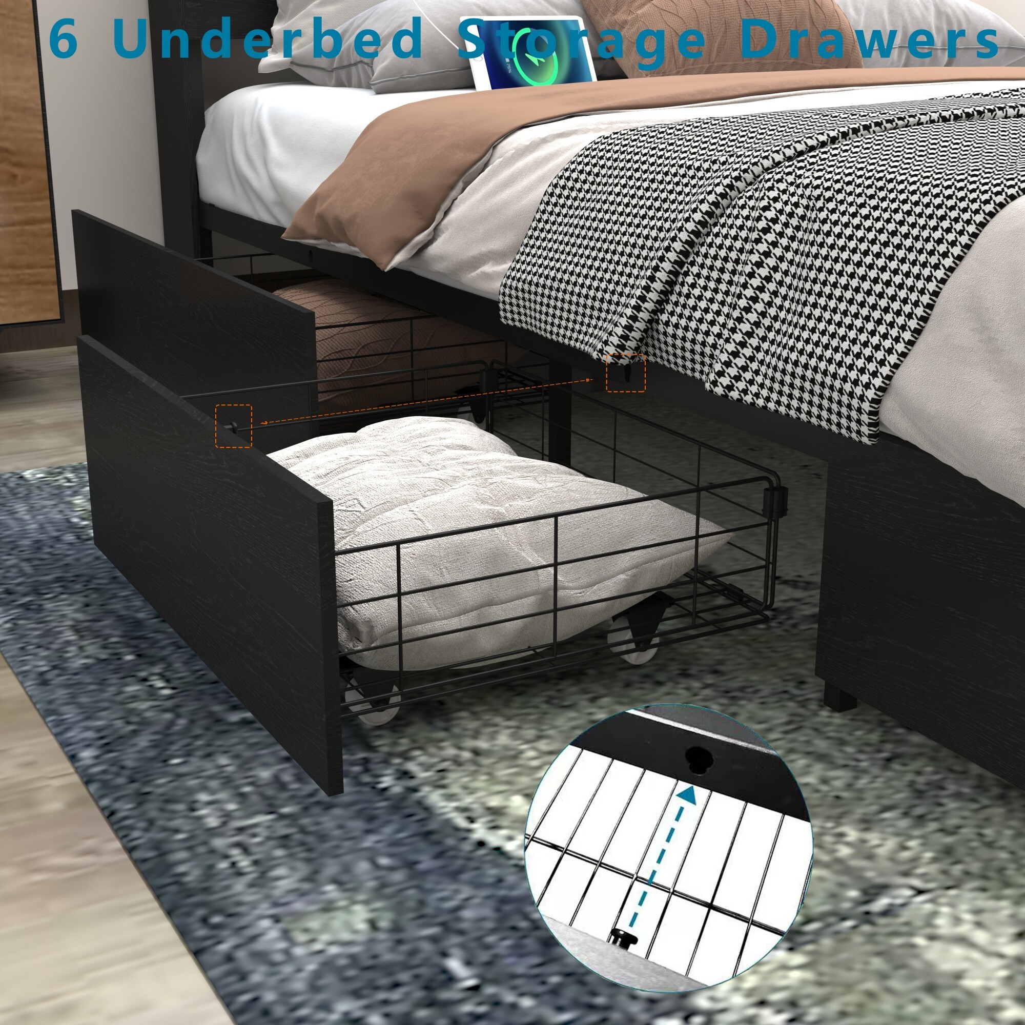 AENKYO Queen Size Bed Frame with 4 Storage Drawers & LED Lights - Storage Headboard with Charging, Noise-Free, Black