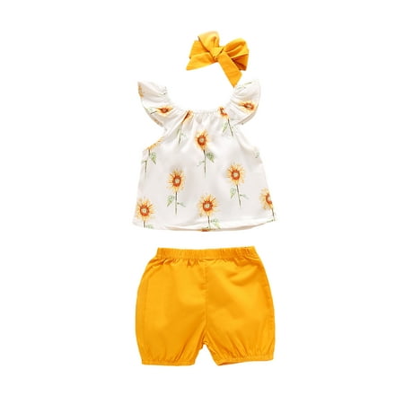 

Seyurigaoka Kids Girls 3-piece Outfit Set Fly Sleeve Tops+Shorts+Headband Set