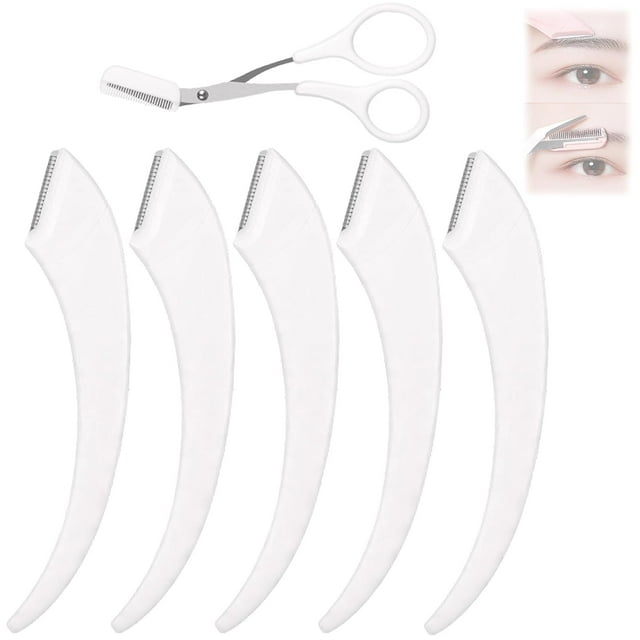 Beginner's Safety Eyebrow Razor - Stainless Steel Crescent Blade with Micro-Guard, Portable Eyebrow Razors, EyebrowTrimmer for Women with Eyebrow Scissors Comb(White*5)