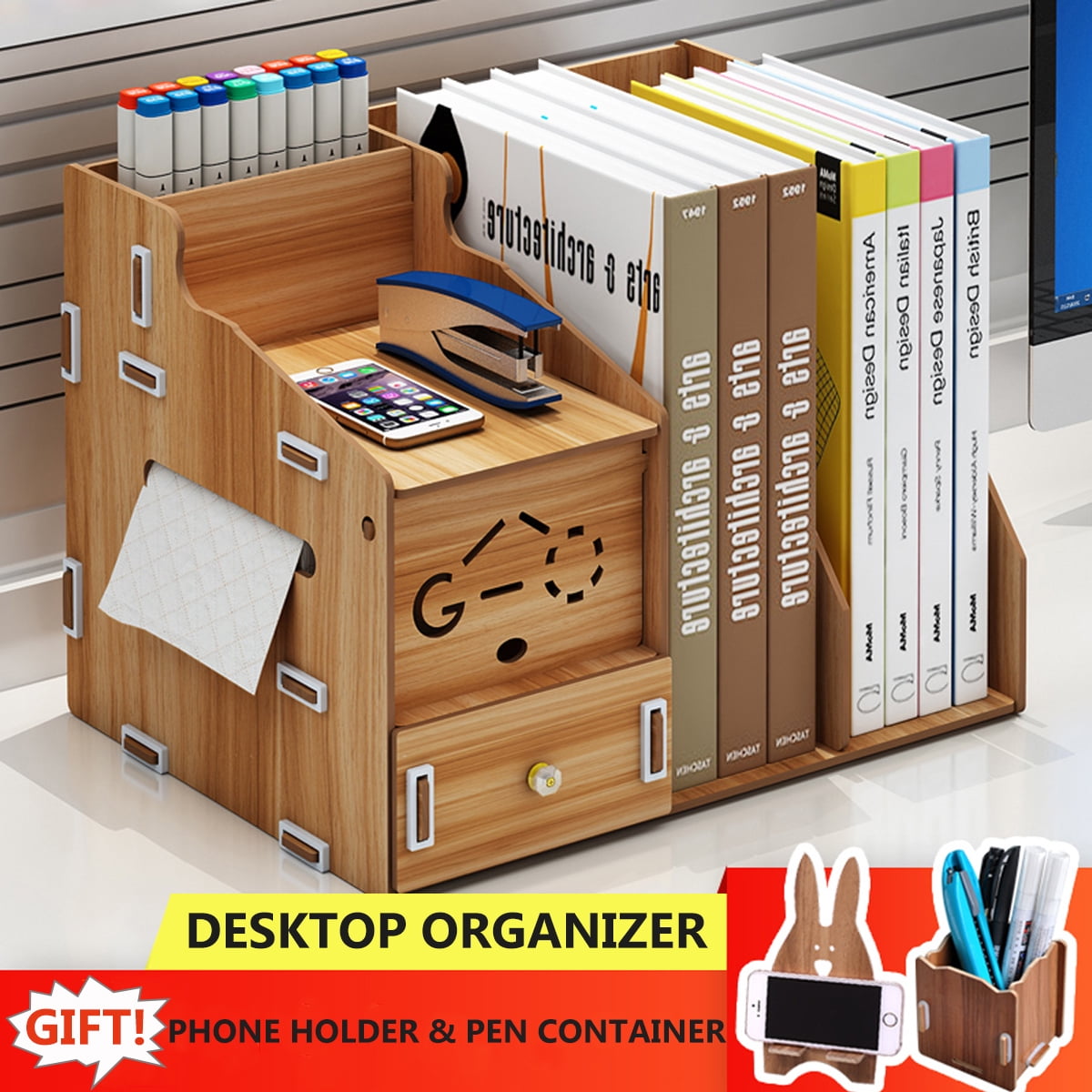 Multifunction Desktop Organizer Office Storage Rack Adjustable Wood