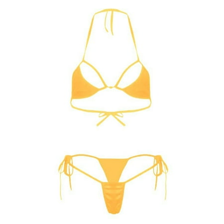 ZQGJB Womens Sheer Extreme Swimsuit Bikini Sexy Halterneck Top and Tie Sides Micro Bikini Thong Sets(B-Orange Free Size)