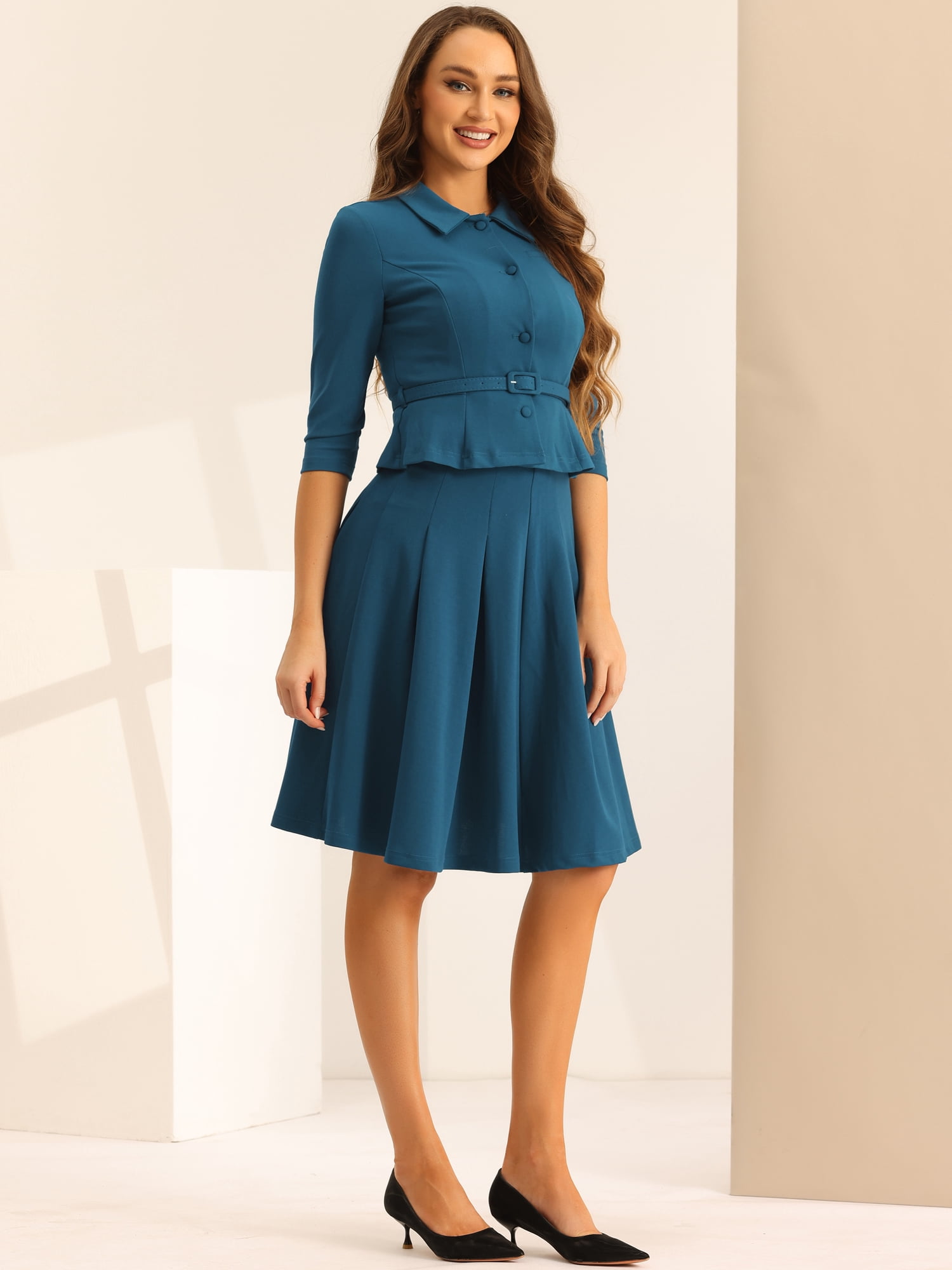 DARING DIVA Women's 2 Pcs Long Sleeve Jacket Pleated Skirt Suit Sets M Lake Blue