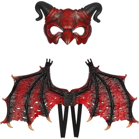 3D Red Devil Wings Mask Set,Realistic Demon Eyes Mask Bat Wings Fancy Dress for Halloween Carnival Costume Party,Red Ram Demon Cosplay Props