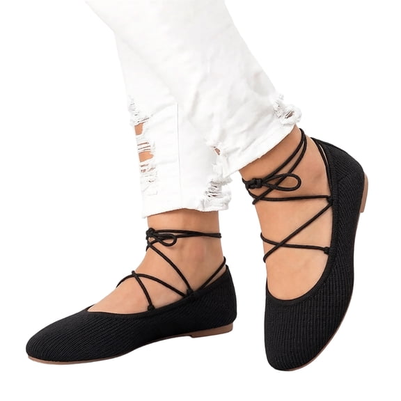 Rokment Knit Strappy Ballet Flat Dress Shoes for Women Spring Fall Casual Stretchy Square Toe Low Heels Slip on Mary Jane Loafers