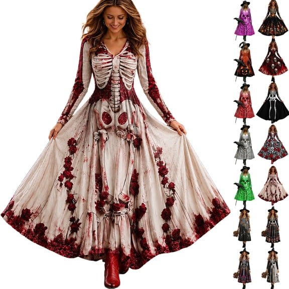 Meltox Women's Halloween Gothic Maxi Dress V Neck Long Sleeve Fit and Flare Floor Length Party Elegant Vintage Dress for Women Red L