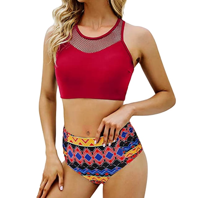 MKLEKYY Trajes De Baño Mujer Women Mesh Patchwork Vintage Swimsuit Two Piece Retro Ruched High Waist Print Bikini Set