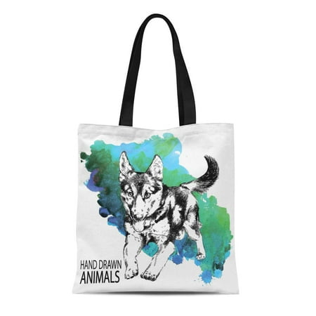 KDAGR Canvas Bag Resuable Tote Grocery Shopping Bags German Shepherd Puppy Runs Cute Fluffy Drawing in Vintage Style Black Tote