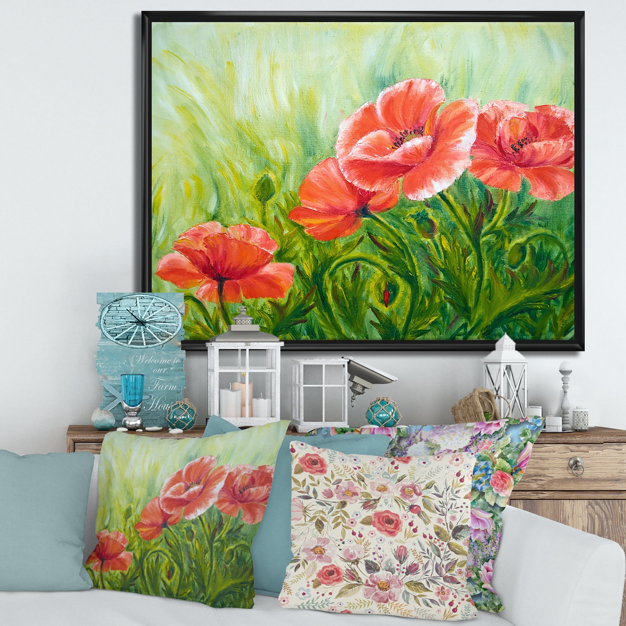 Designart 'Red Blossoming Poppies Over Wild Green III' Traditional Framed Canvas Wall Art Print