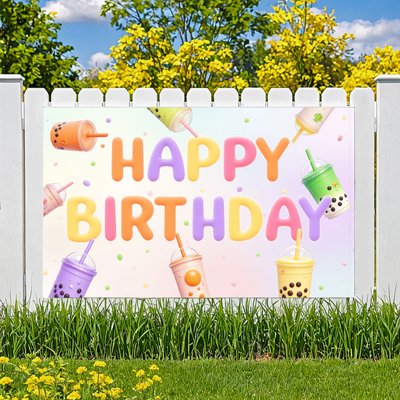 Colorful Design Banner Drink Theme Bubble Tea Cups Decoration for Birthday Party Indoor Celebration