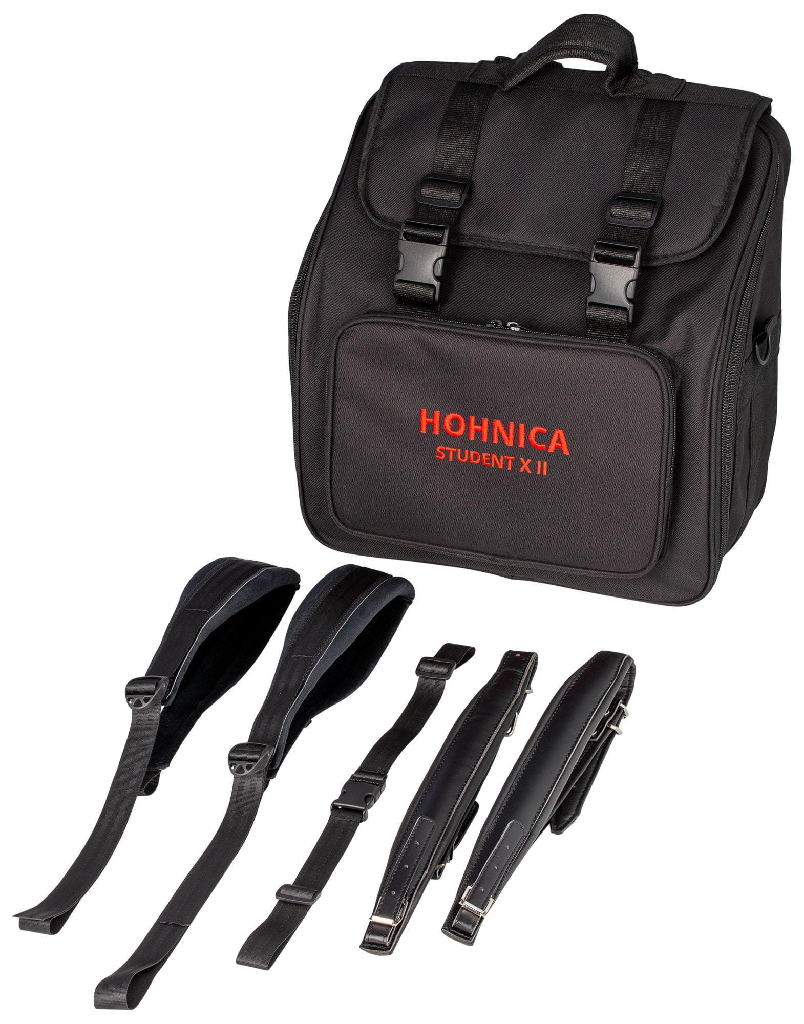 Hohner Hohnica Student XII 44-Key 18 Bass Piano Accordion - Black Bundle with Gig Bag, Adjustable Stand, and Austin Bazaar Polishing Cloth