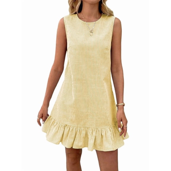 Women'S Striped Print Sleeveless Ruffle Tunic Dress Summer Swing Flowy Mini Dresses Yellow S