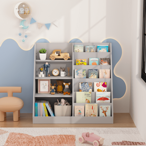 Kids Bookshelf and Toy Storage Organizer, Multifunctional 4 Tier Wooden Kids Book Shelf with Bookcase Display Stand in Kids Room Playroom Nursery for Kids, Children, Toddlers (Gray)