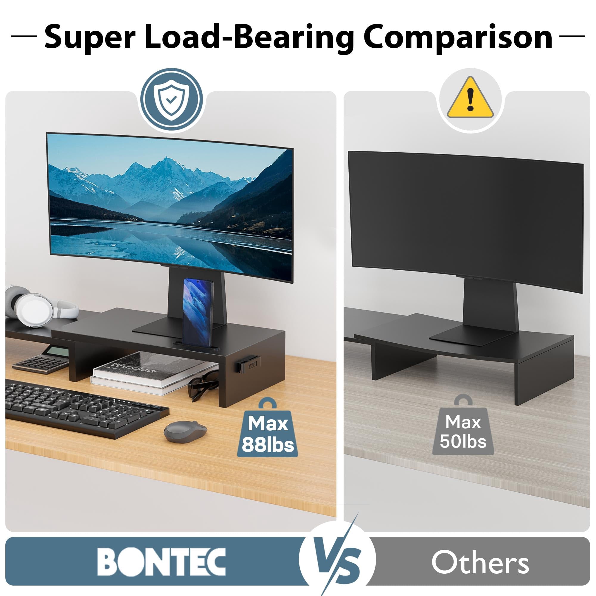 BONTEC Dual Monitor Stand Riser with Smartphone Holder, Adjustable Length & Swivel Angle, Ergonomic Wooden Desktop Organizer for PC Monitor, Laptop, Printer, Large Storage, Black