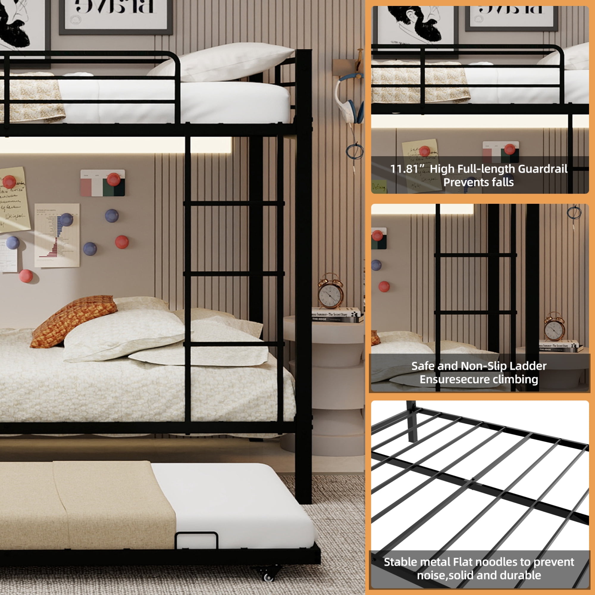 Queen over Queen Bunk Bed with Trundle, Heavy-Duty Metal Bunk Bedframe with Ladder and Full-Length Guardrails for Kids Teens Adults, No Box Spring Needed