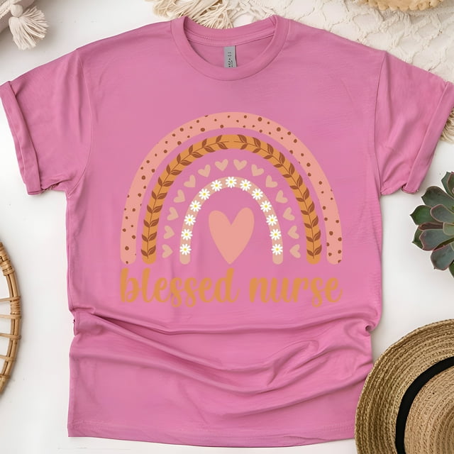Blessed Nurse Graphic T-Shirt with Rainbow and Heart Design, Heliconia, Size 2XL