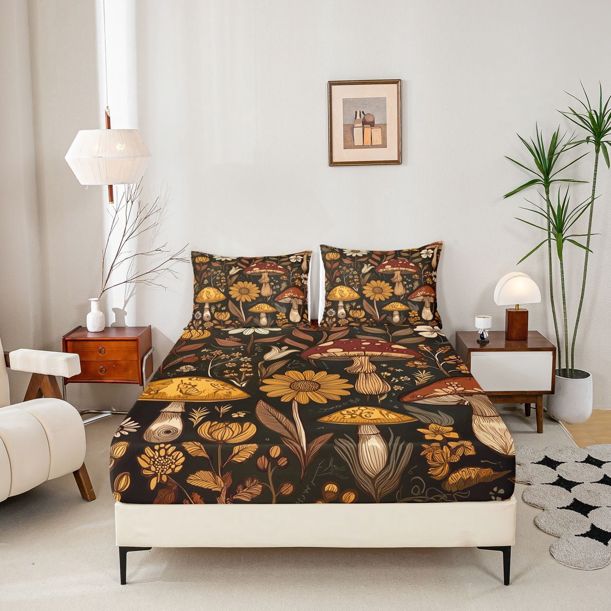 Bohemian Hippie Bedspread Set With Sun, Moon & Peace Signs - 60s 70s Groovy Flower Quilt King Size
