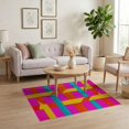 thumbnail image 3 of ODIKA 4'x6' Washable Area Rug Non-Slip, Chair-Friendly, Flatwoven Abstract Pink Checkered Grid Wavy Ribbons Swirls Orange for Home Office, Under Desk, 3 of 7