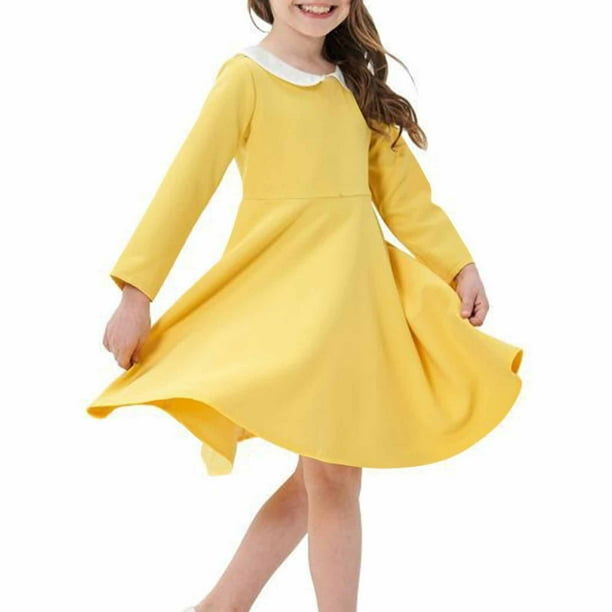 Odeerbi Niñas Cuello Peter Pan Vestido Algodón Primavera Otoño Vestido Manga Larga Color Sólido Cuello Redondo