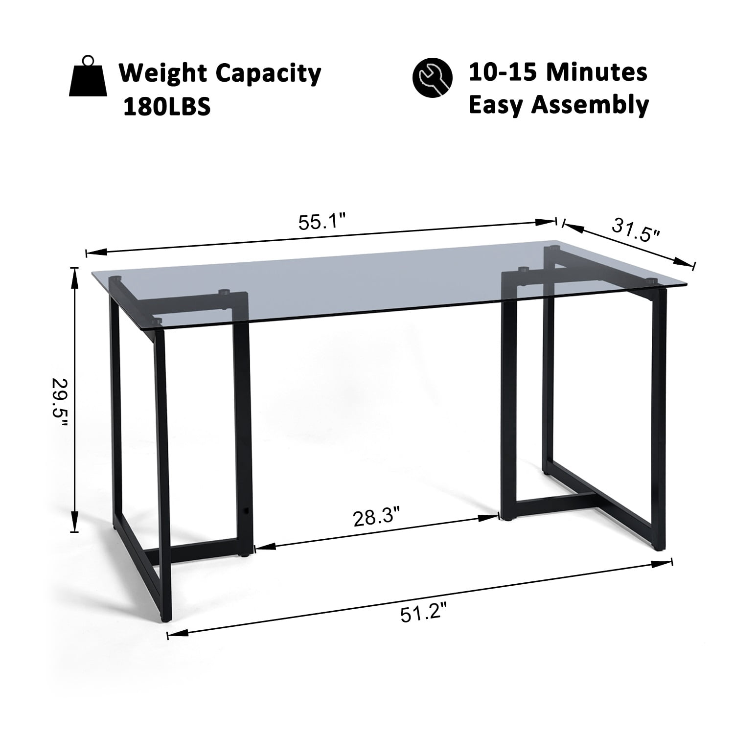 Homy Casa 55.1 inch Writing Desk with Tempered Glass Top Computer Desk for Home Office, Living Room, Gray
