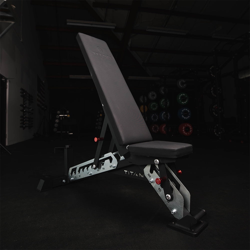 Titan Fitness TITAN Series Single Post Adjustable Bench, Supports 600 LB Incline, 1,000 LB Flat, Versatile Utility Bench for Home Gym Weightlifting Strength Training, 2.5" Thick HeftyGrip Vinyl Pad