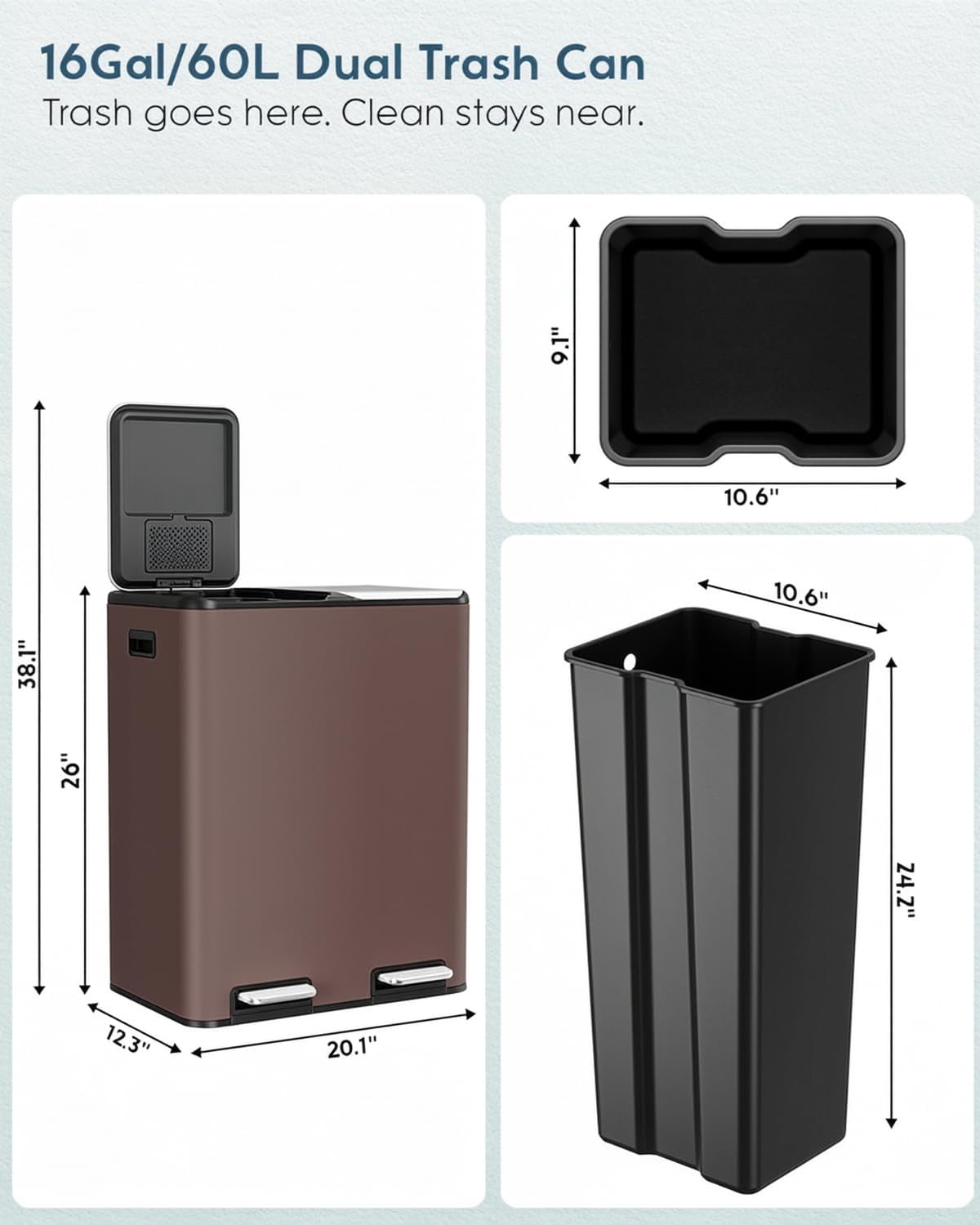 Arlopu 16 Gal Dual Kitchen Trash Can w/2 Built-in Box for Odor Contro Recycle Waste Dustbin Soft-Close Lid