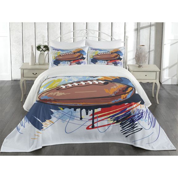 Ambesonne Colorful Quilted Coverlet 3 Pcs, Rugby Ball Doodle Art, Queen Size, Multicolor