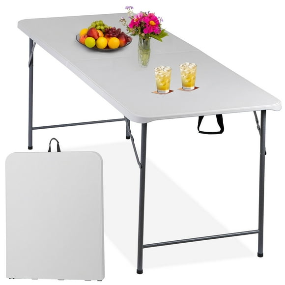 6FT White Rectangular Folding Picnic Table for Outdoor Portable Fold-in-Half Plastic with Handle