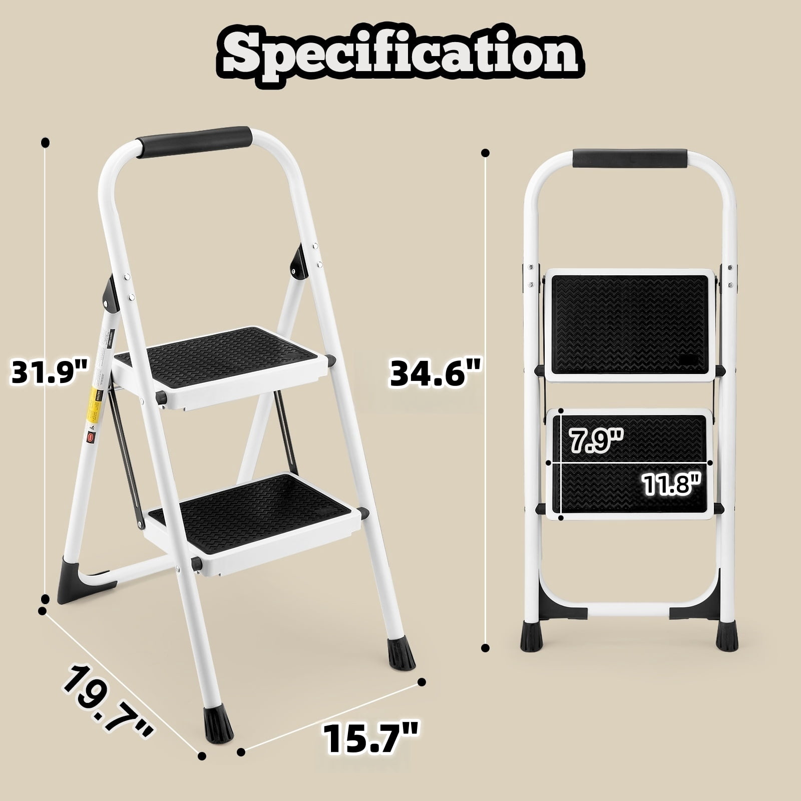 Leumius 2-Step Folding Step Stool with Anti-Slip and Wide Pedal,dy Steel Frame,Lightweight Portable Ladder for Home Kitchen, 330 Lbs Capacity,Black&White