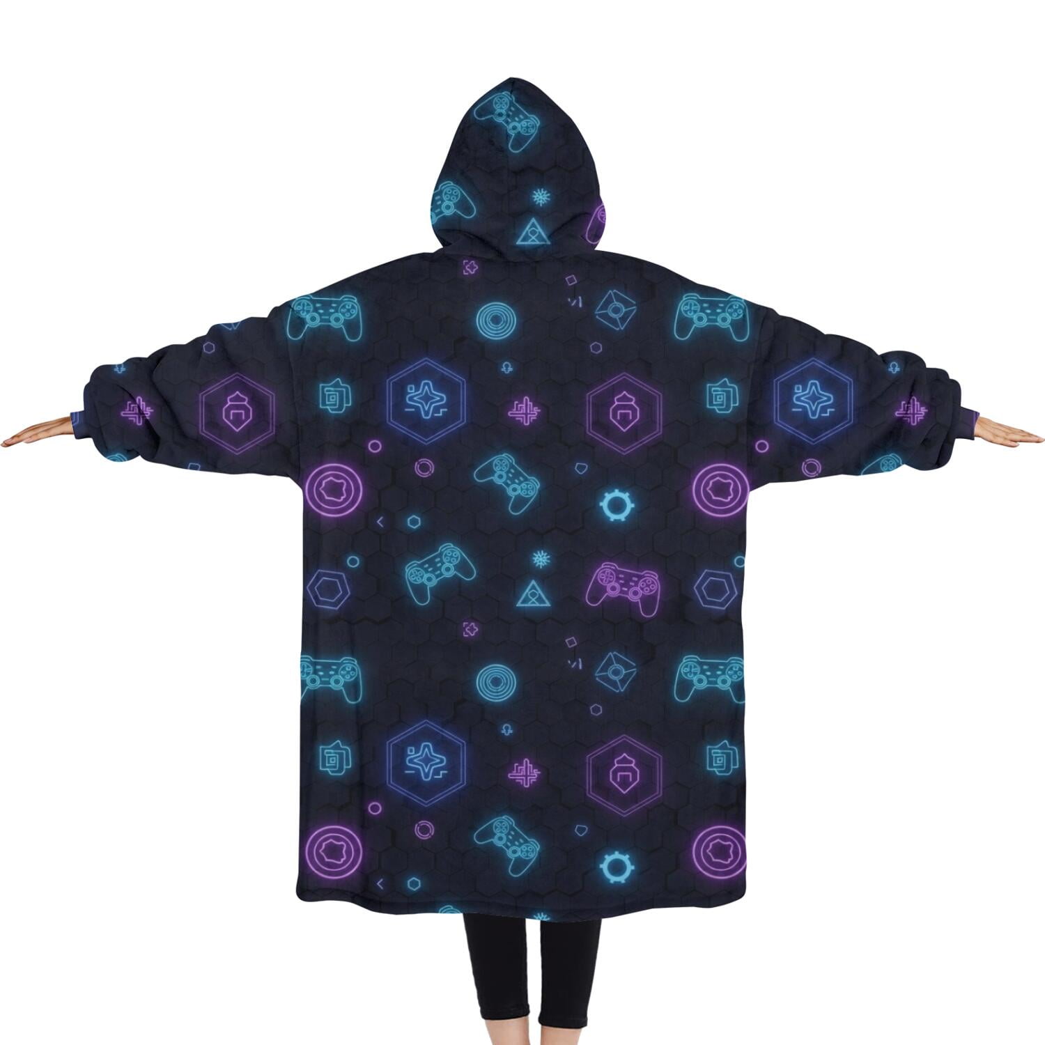Oversized Wearable Blanket Hoodie,Neon Controllers Games Icons Black Pattern Sherpa Blanket Hoodie with Super Pockets,Super Warm Fuzzy Pullover for Women & Men