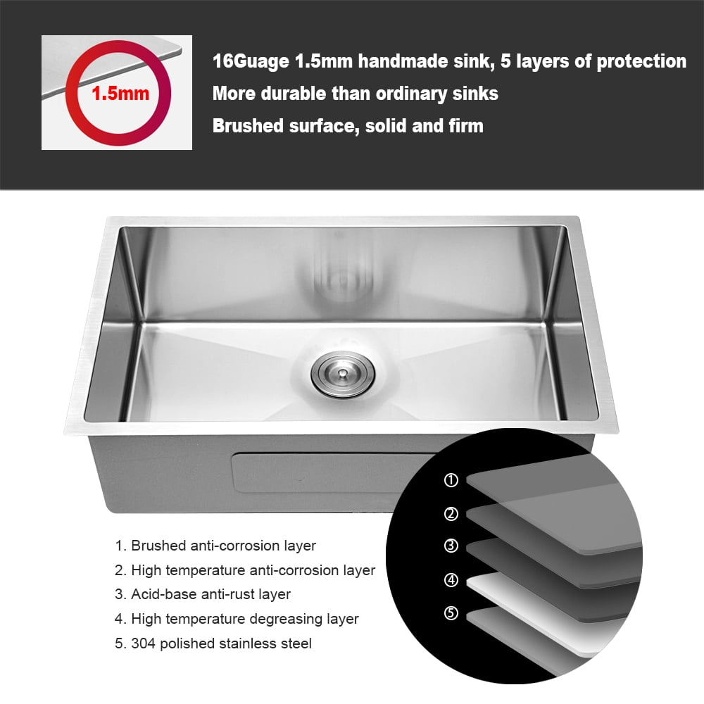 Boyuevi 32 Inch Undermount Sink - 32" x 19" x 9" Undermount Stainless Steel Kitchen Sink 16 Gauge 9 Inch Deep Single Bowl Kitchen Sink Basin, Includes Drain Assembly (No Additional Accessories)