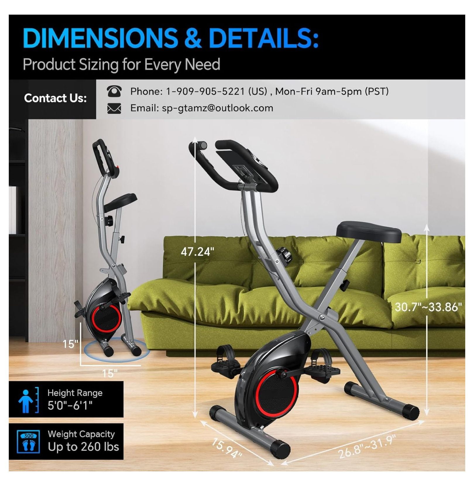Lightweight 33LB Foldable Exercise Bike for Small Apartments, Stationary Bikes for Home Workout, Indoor Portable Cycling Bike with 16-Level Magnetic Resistance, 260LBS Capacity, 5.5 LBS Flywheel
