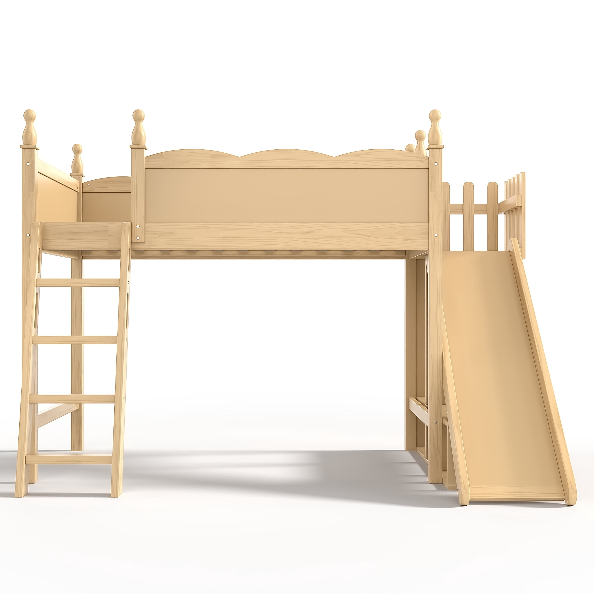 Leumius Twin Loft Bed Frame with Storage Shelves and Wardrobe, Solid Wood Loft Bed with Detachable Slide and Ladders for Kids Teens Adults Natural
