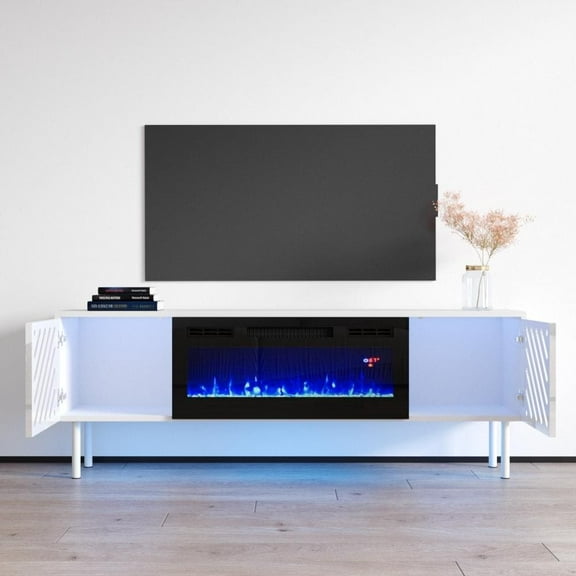 Laser BL-EF Fireplace TV Stand for TVs up to 70", Modern High Gloss 63" Entertainment Center, Electric Fireplace TV Media Console with Storage Cabinets and LED Lights