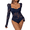 Dark Blue, variant on Women Lace Square Neck Long Sleeve Romper Elegant Slim Fit Short Jumpsuit