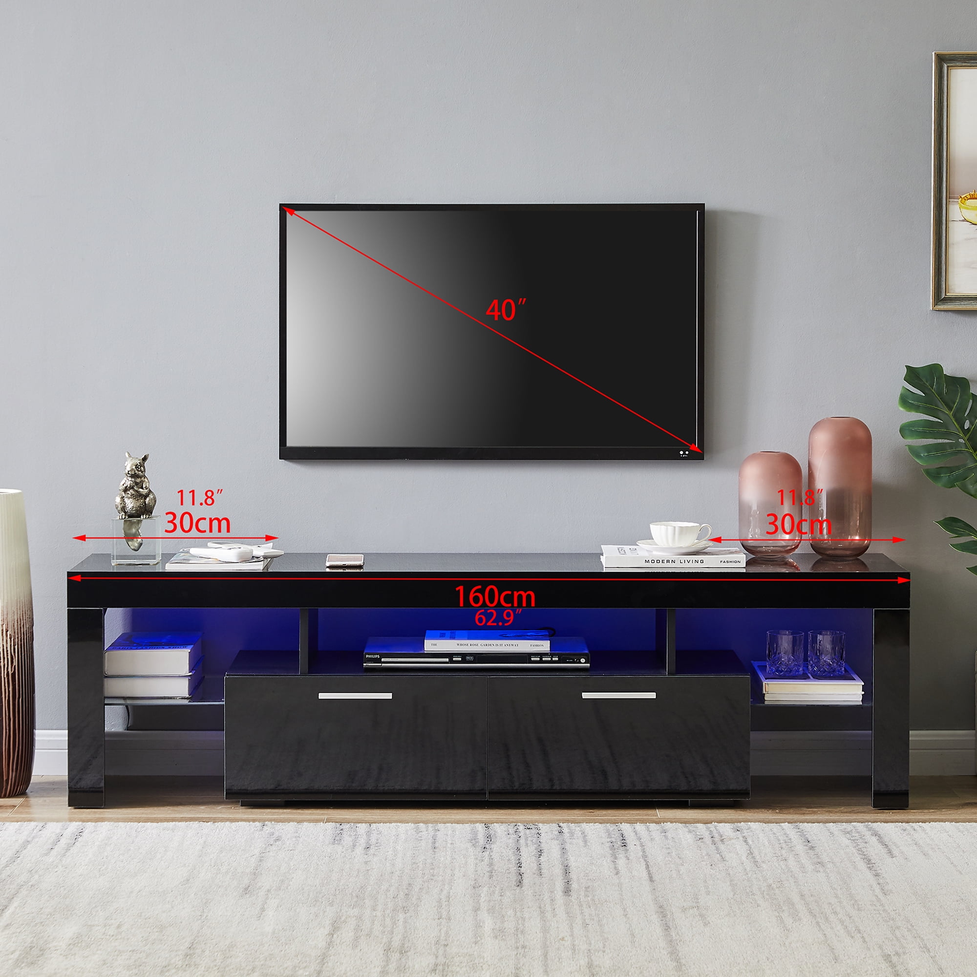 Entertainment Unit with Metal Frame amzdeal TV Stand Cabinet Modern Wooden Media Unit for TVs Up to 55 Inch