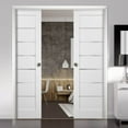 thumbnail image 2 of French Double Pocket Doors 72 x 80 with Frames | Quadro 4117 White Silk with Frosted Opaque Glass | Kit Trims Rail Hardware | Solid Wood Interior Pantry Kitchen Bedroom Sliding Closet Sturdy Door, 2 of 5