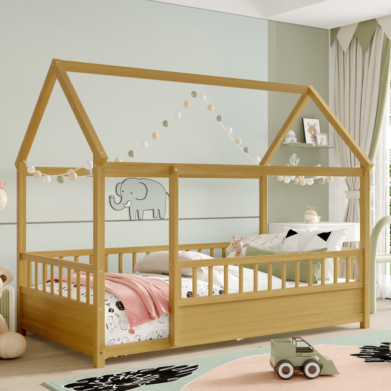 Twin Size Montessori Bed, Wooden Floor House Bed with 20" High Fence and Roof, Montessori Floor Beds Without Slats for Boys,Girls, Natural