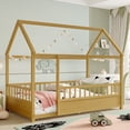thumbnail image 2 of Twin Size Montessori Bed, Wooden Floor House Bed with 20" High Fence and Roof, Montessori Floor Beds Without Slats for Boys,Girls, Natural, 2 of 7