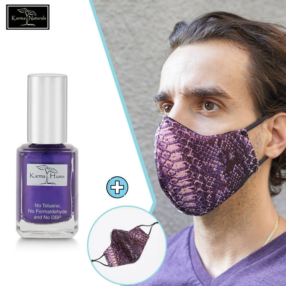 Karma Naturals Nail Polish - Non-Toxic with Matching Fashion Face Mask Breathable Washable Reusable Face Cover for Men & Women (Iridescent Purple Python Mask)