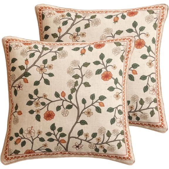 Ryan; Classic Throw Pillow Covers 18"x18" Pack of 2, French Farmhouse Square Cushion Covers with Orange White Floral Pattern Decoration Pillowcases for Bed,Living Room,Outdoor,Car
