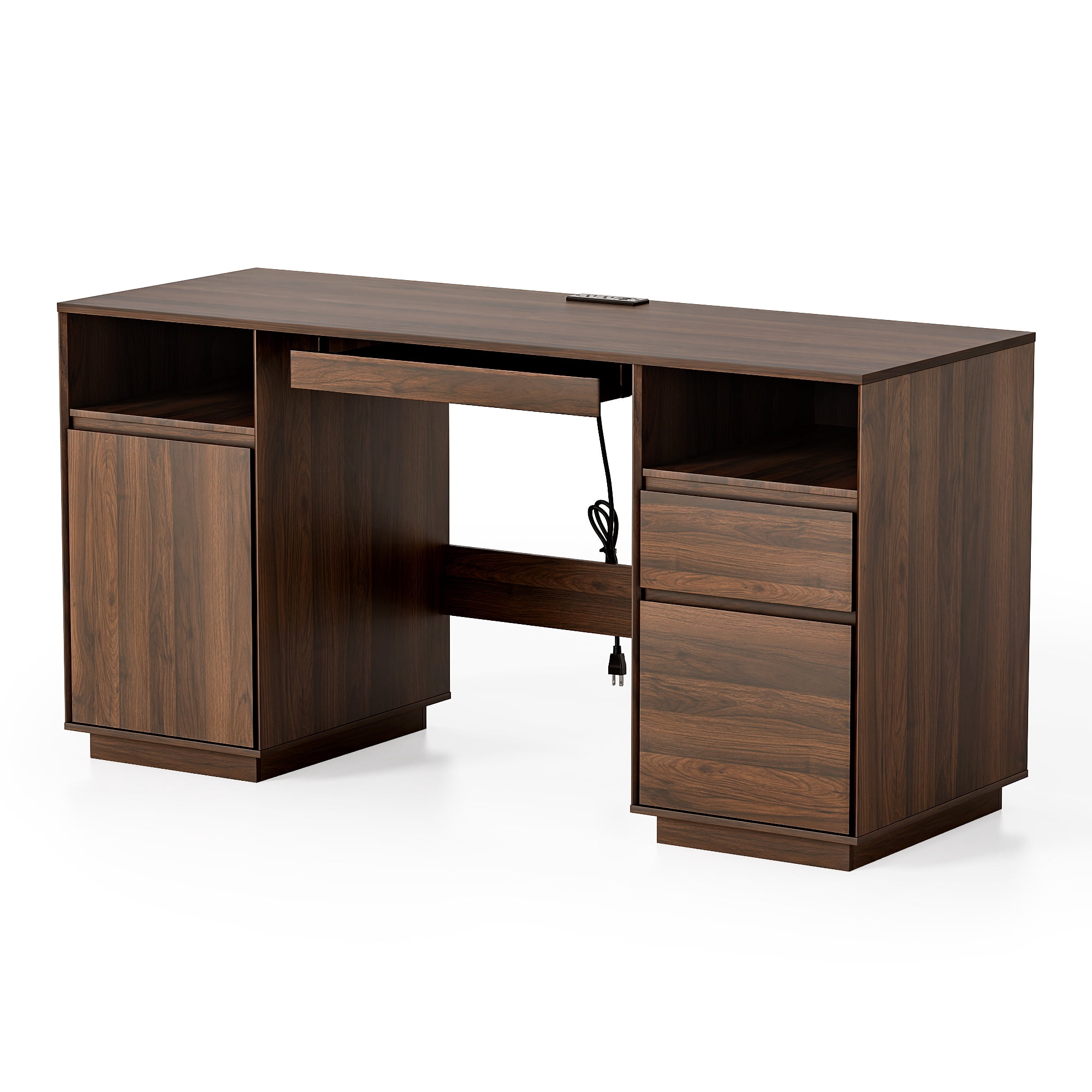 EYYTHUNG 59" Farmhouse Computer Desk, Wide Home Executive Desk with File Drawer & Open Storage & Power Outlet, Wooden Office Desk, Brown