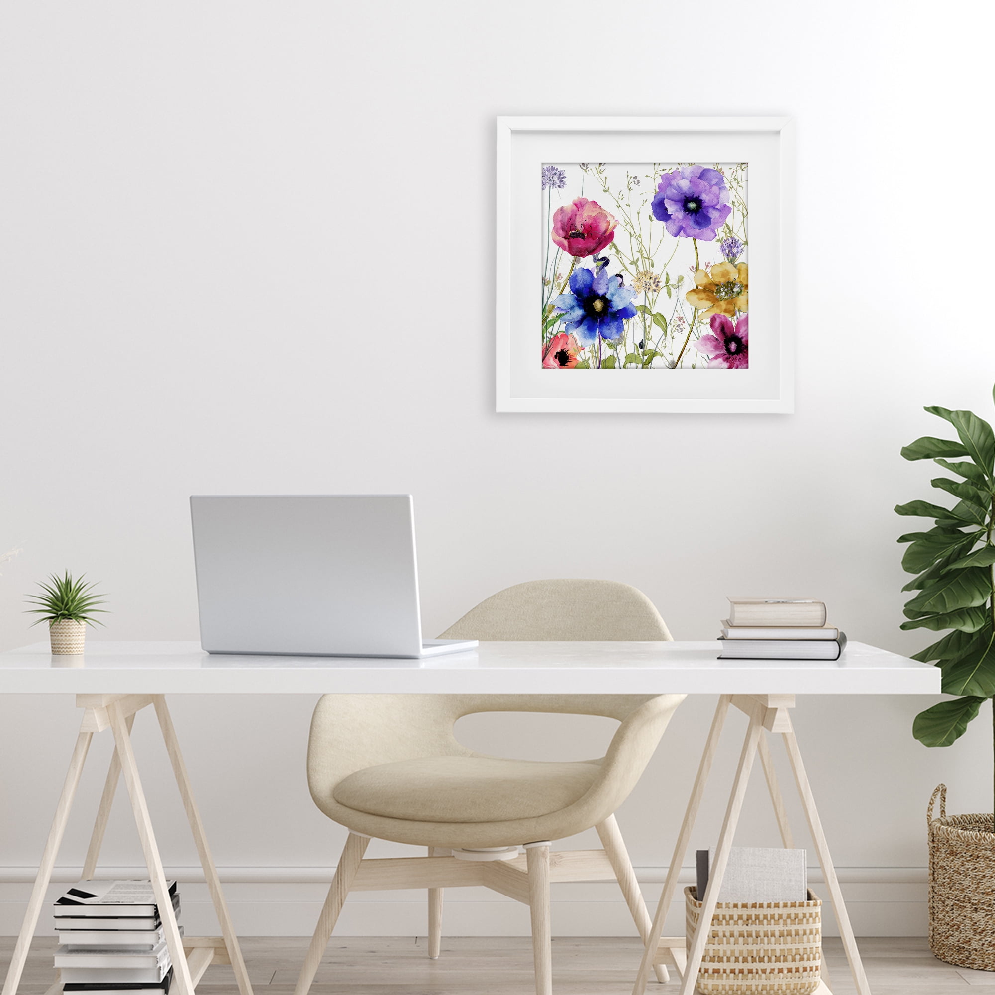 Modern Spring Garden Flowers White Framed Print Under Glass, design by Sasha