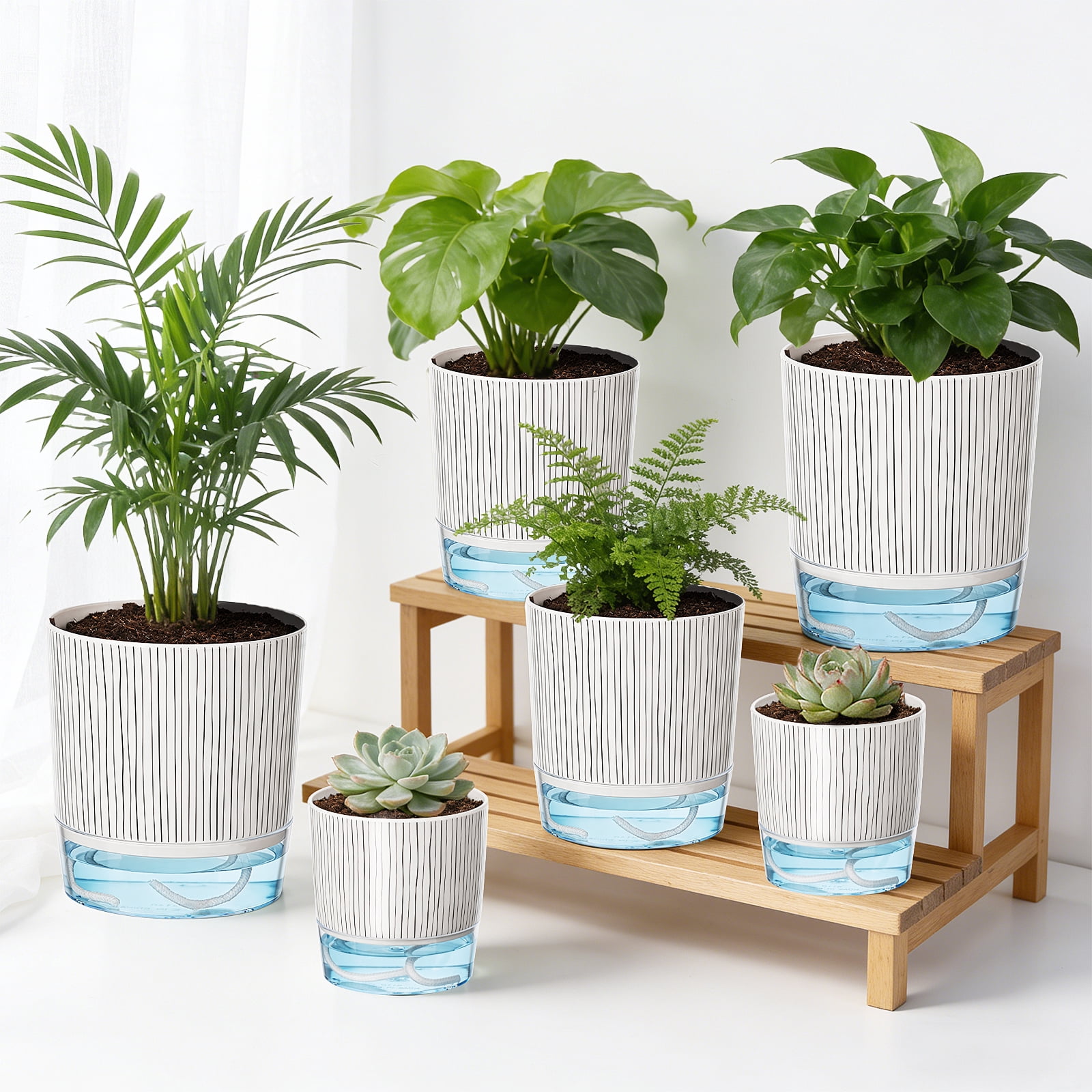 Samhe 6 Pack Self Watering Pots for Indoor Plants, 4" 5.5" 6.3" Plastic Self Watering Planter with Drainage Holes and Saucers